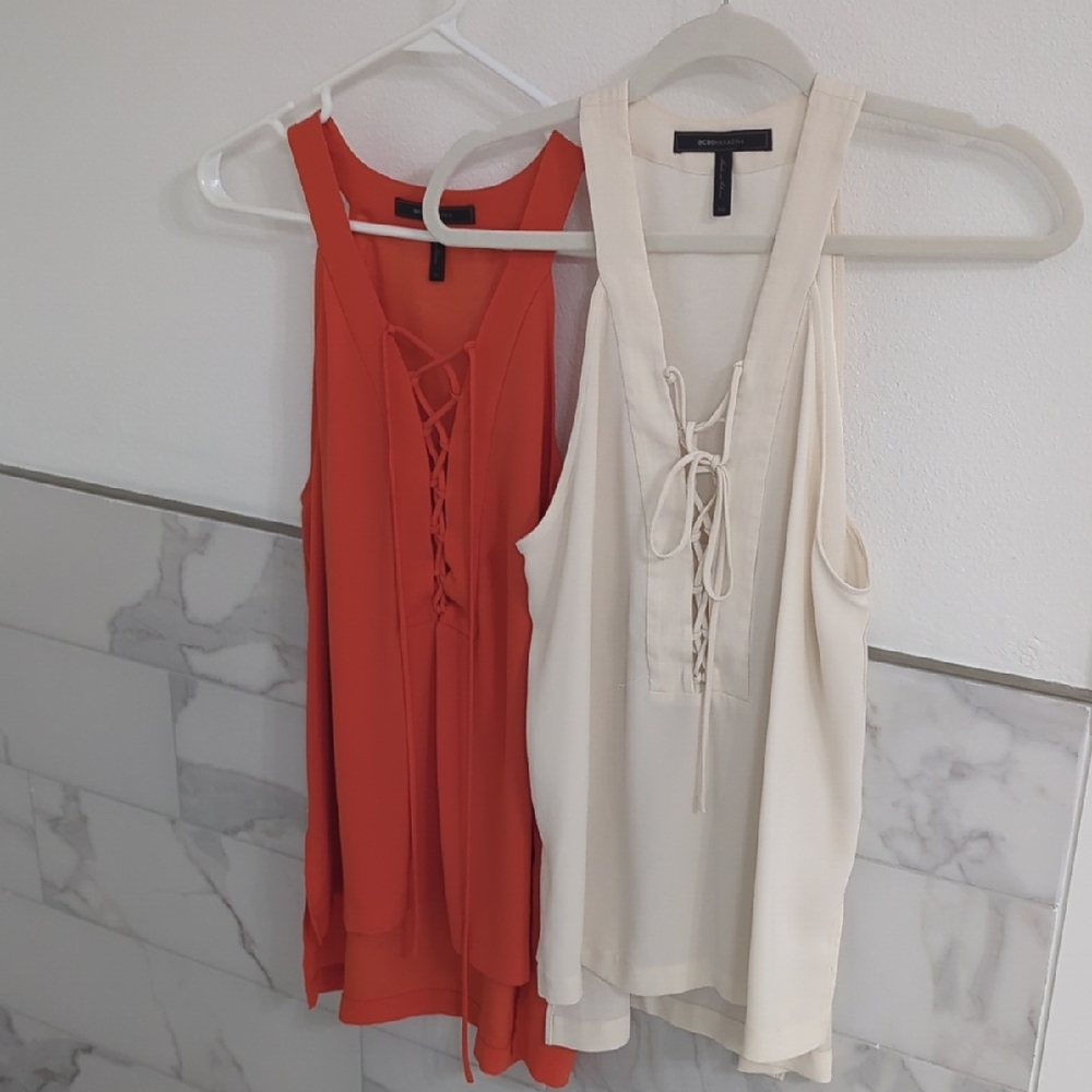 2 Bcbg Maxazaria Women's Sleeveless Lace-Up Tops - Cream and Orange
